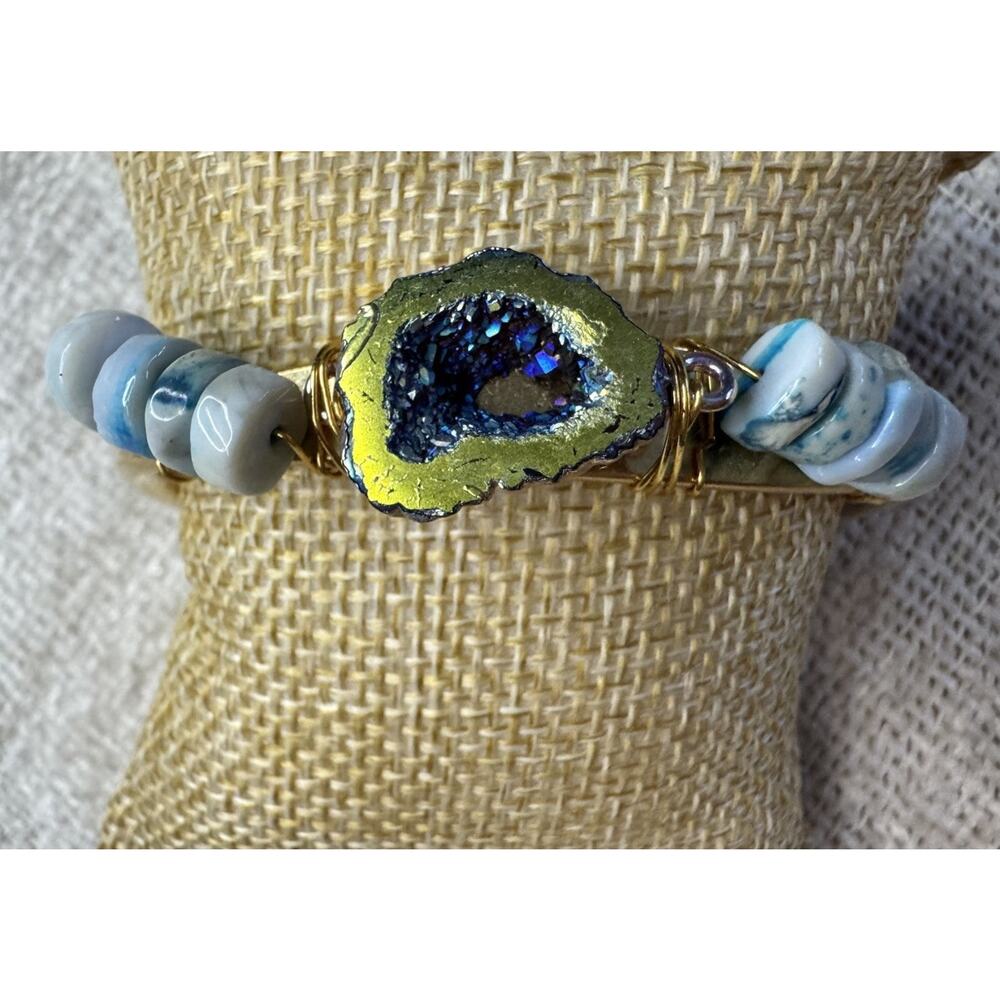 NEW - Upcycled 70’s Brass Cuff Bracelet Geode Druzy Stone, Blue & Green Beads